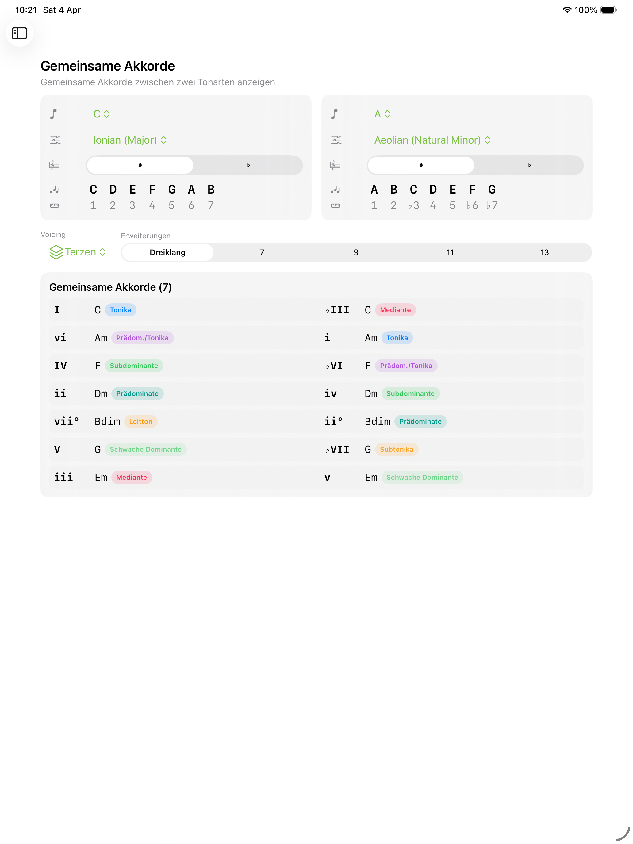 Gemeinsame-Akkorde-Bildschirm auf iPad